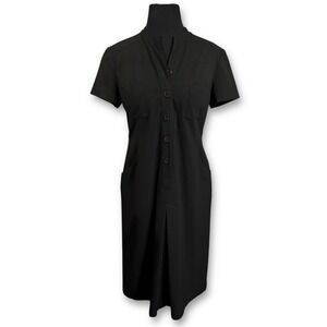 Talbots Petite Stretch Black Short Sleeve Button Front Collared Shirt Dress Sz 4
